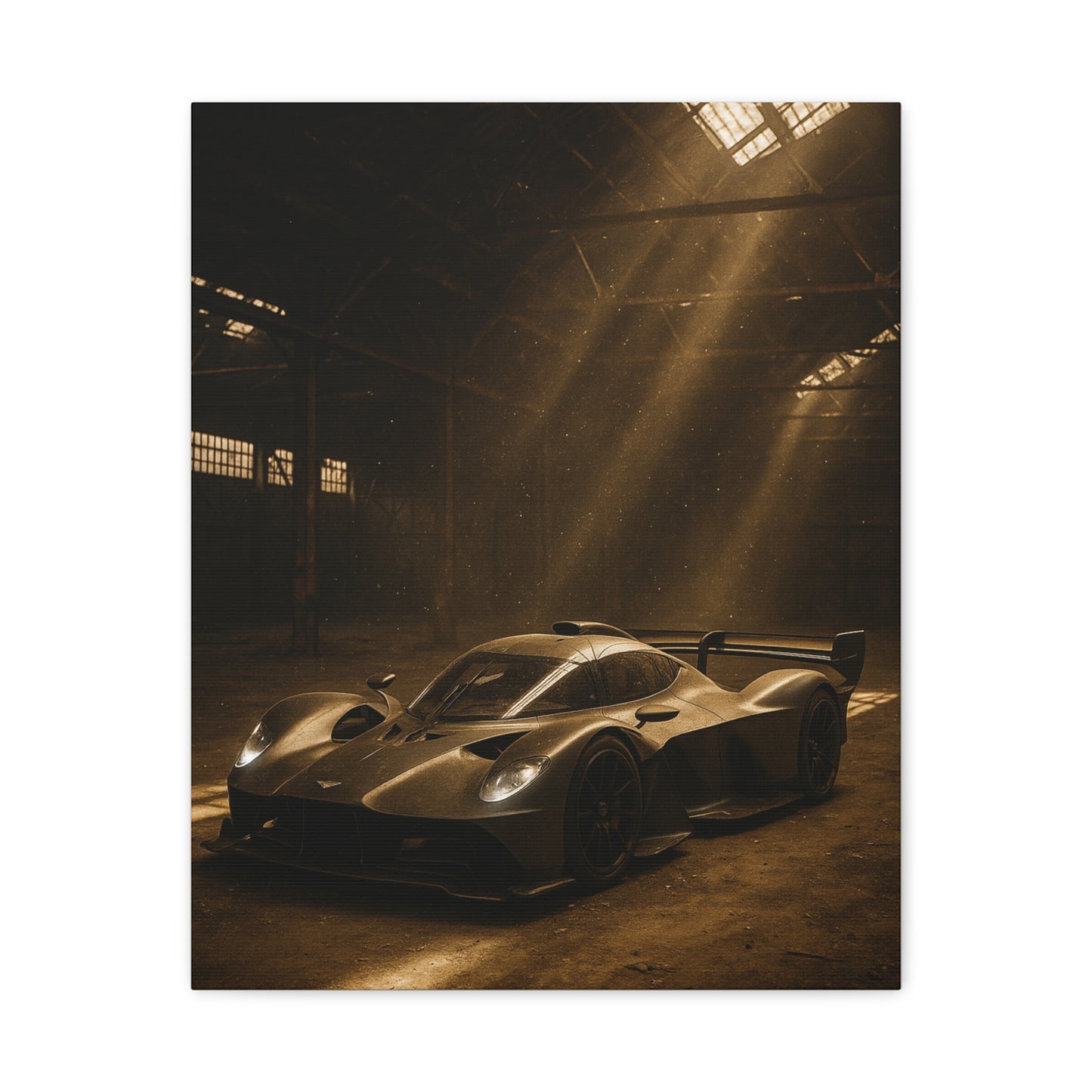 Canvas Print - Aston Martin Valkyrie AMR Pro in a dusty barn