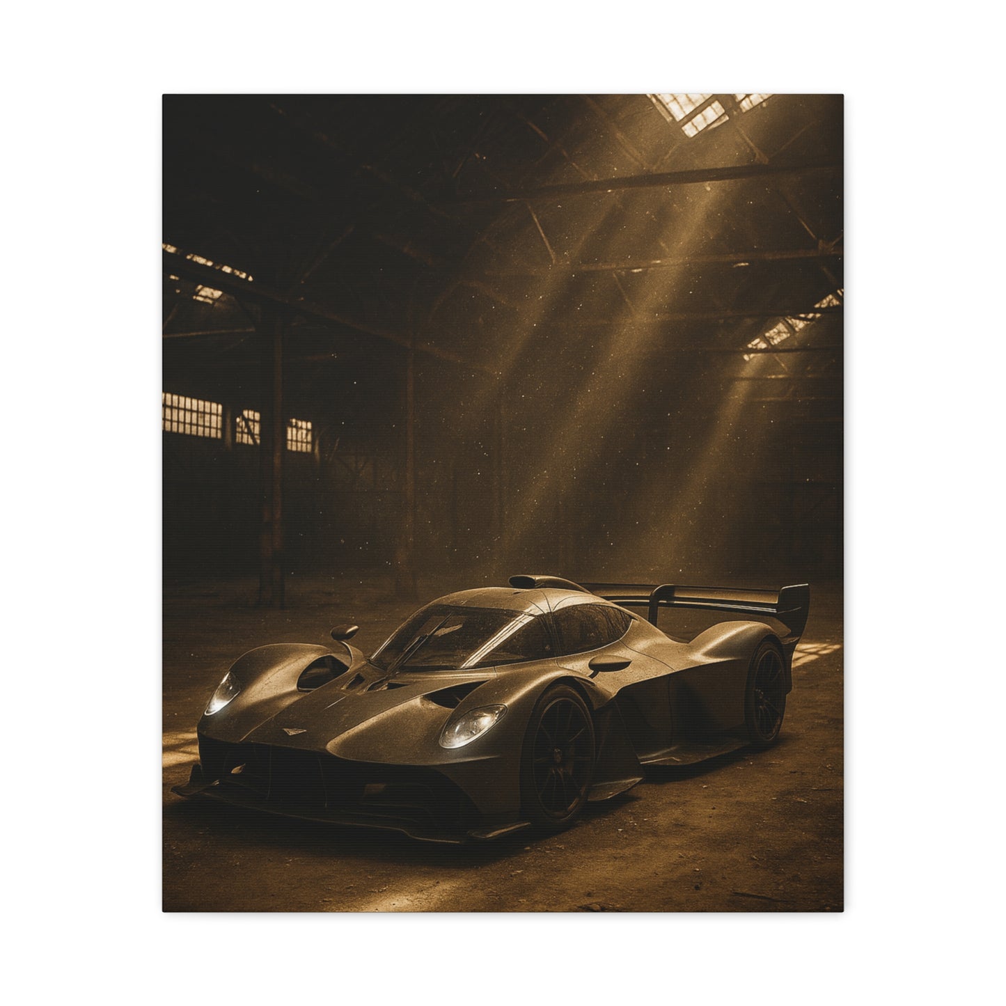 Canvas Print - Aston Martin Valkyrie AMR Pro in a dusty barn